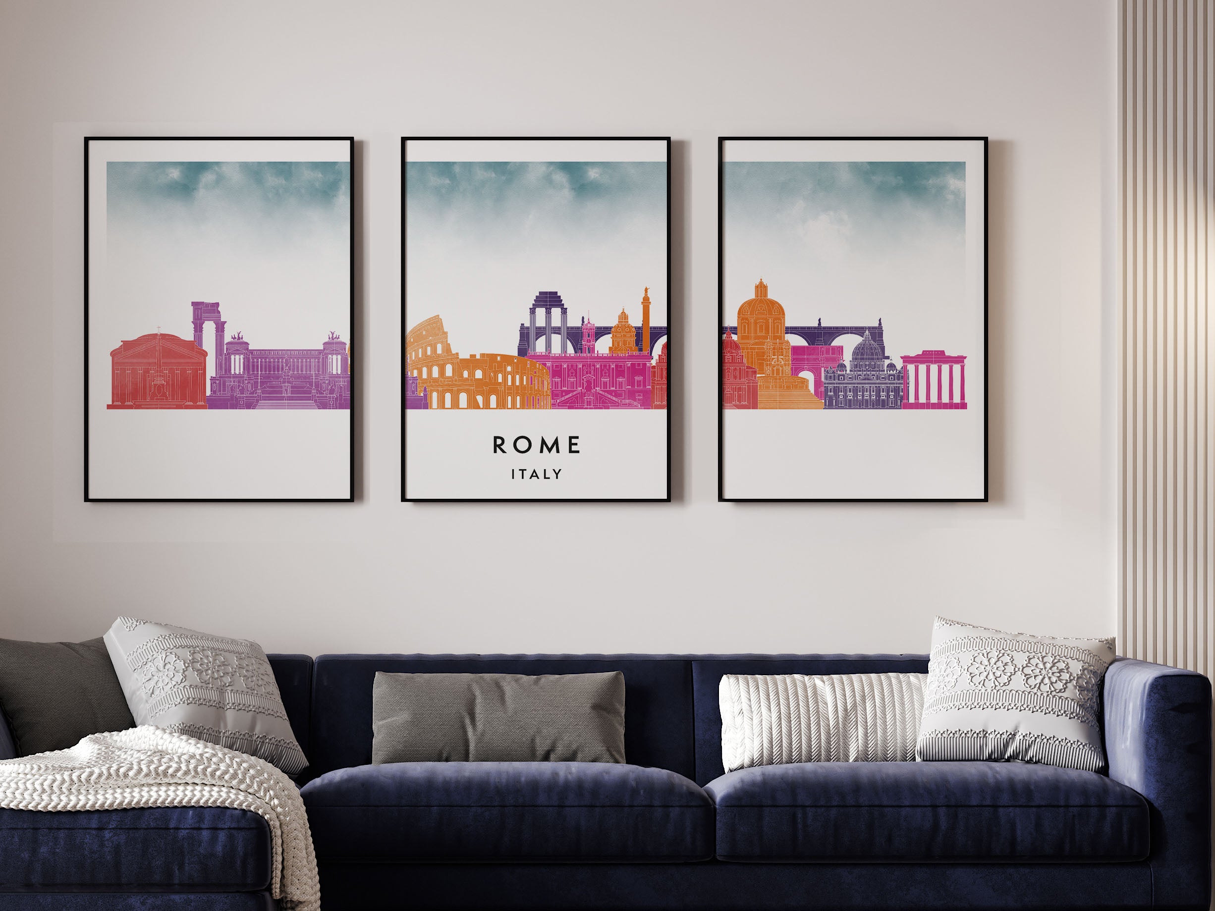Rome Silhouette Triptych in Watercolor Style, Rome Skyline Poster, Rome Set of 3 Posters