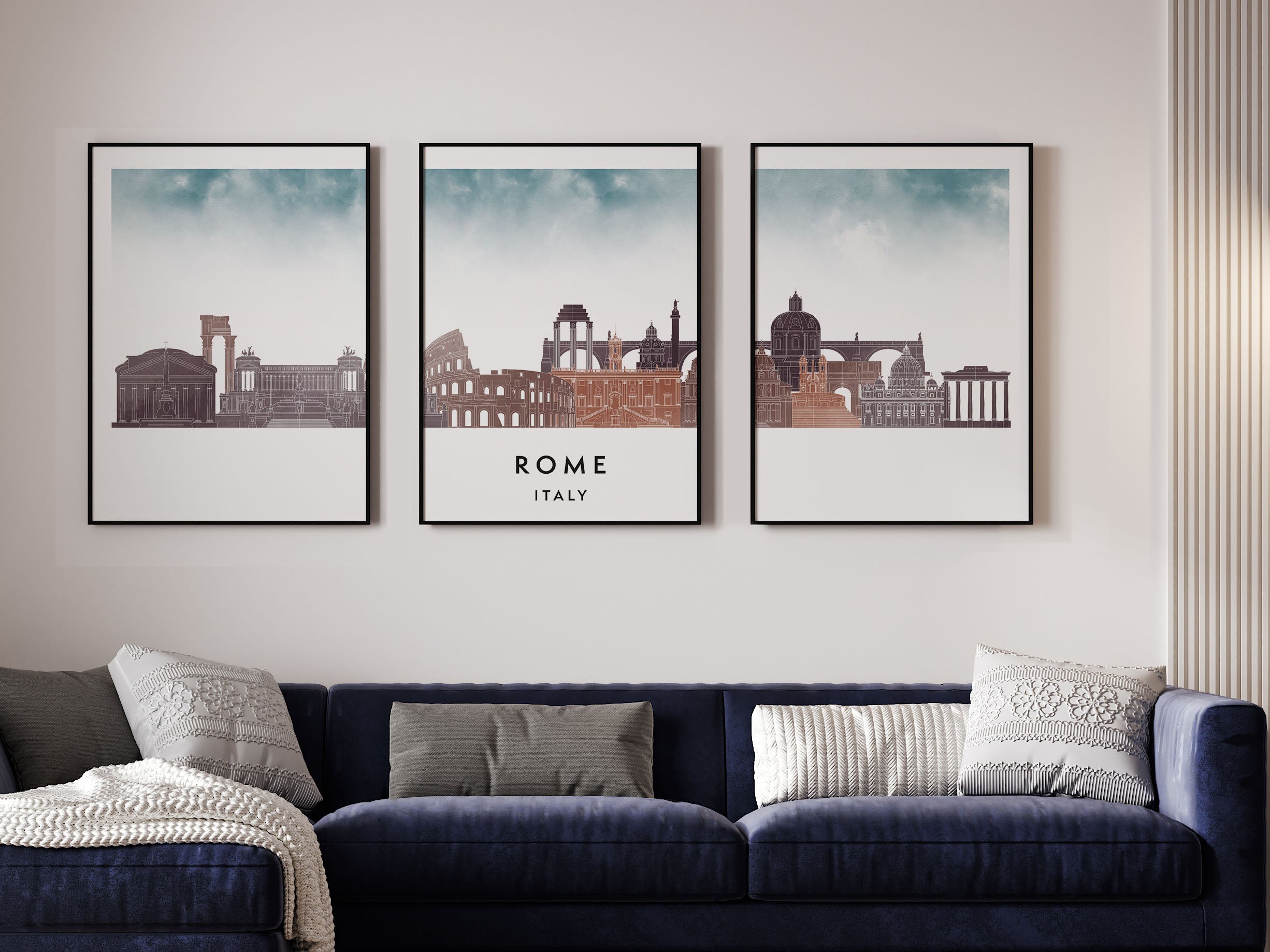 Rome Silhouette Triptych in Watercolor Style, Rome Skyline Poster, Rome Set of 3 Posters, Watercolor style