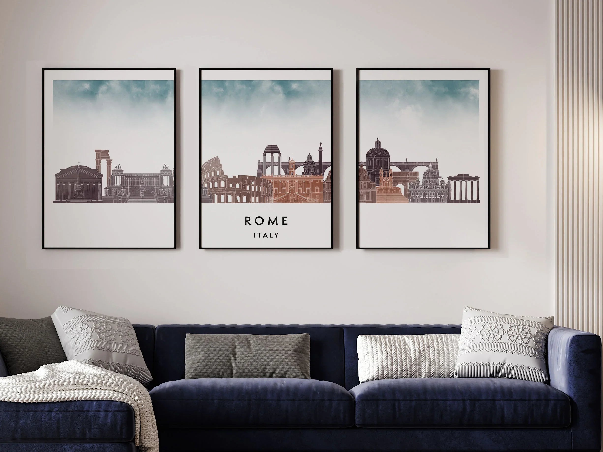 Rome Silhouette Triptych in Watercolor Style, Rome Skyline Poster, Rome Set of 3 Posters, Watercolor style