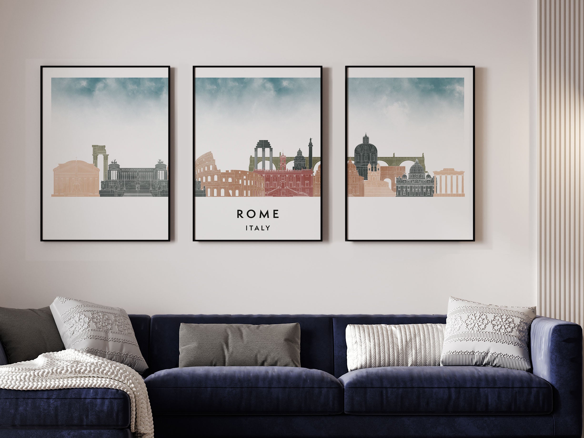 Rome Silhouette Triptych in Watercolor Style, Rome Skyline Poster, Rome Set of 3 Posters, Watercolor style