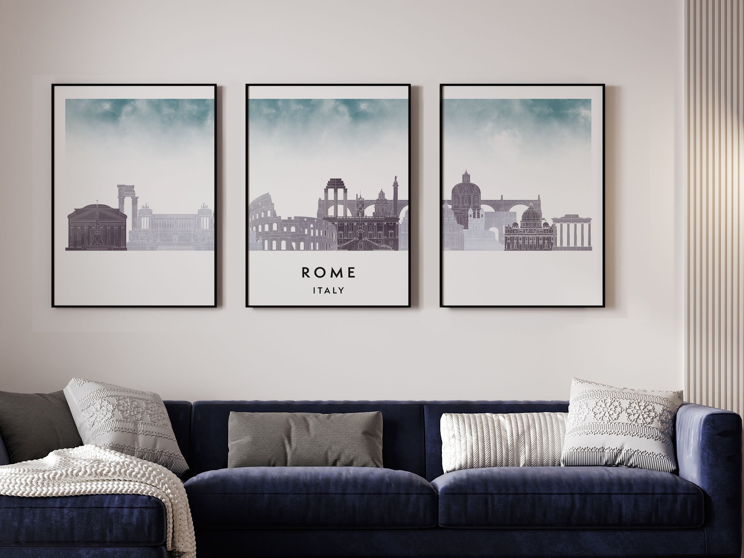 Rome Silhouette Triptych in Watercolor Style, Rome Skyline Poster, Rome Set of 3 Posters, Watercolor style
