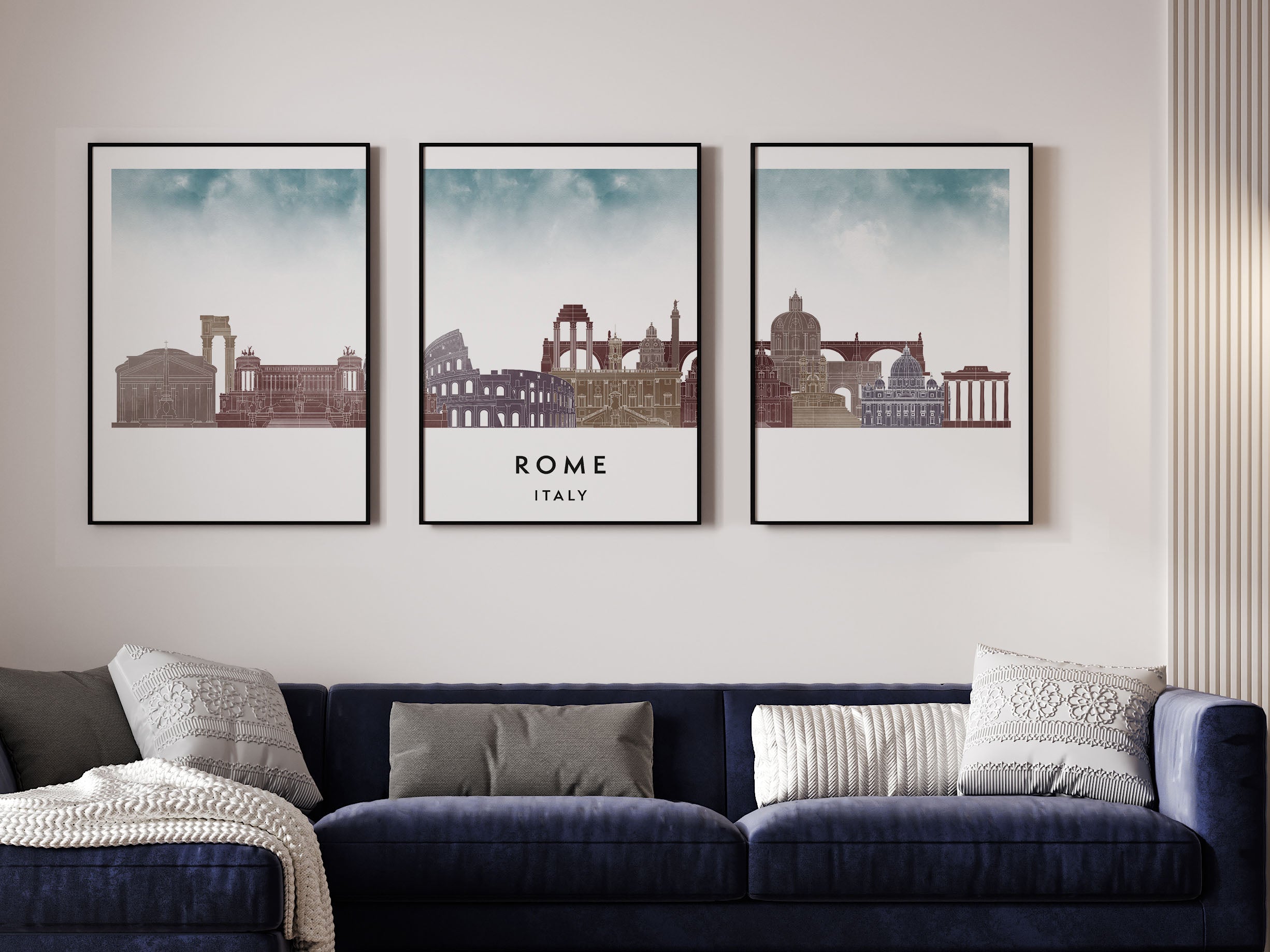 Rome Silhouette Triptych in Watercolor Style, Rome Skyline Poster, Rome Set of 3 Posters, Watercolor style