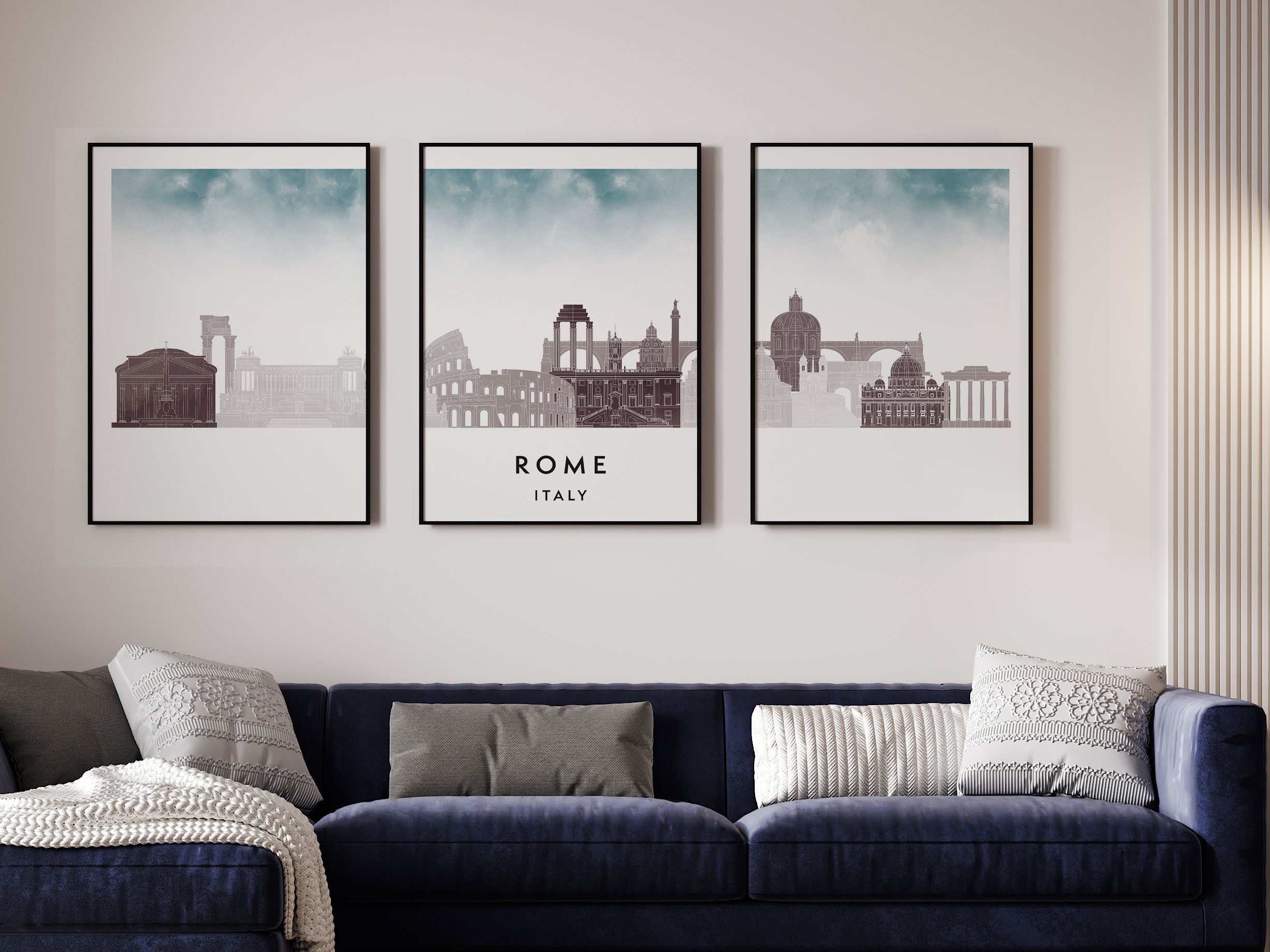 Rome Silhouette Triptych in Watercolor Style, Rome Skyline Poster, Rome Set of 3 Posters, Watercolor style