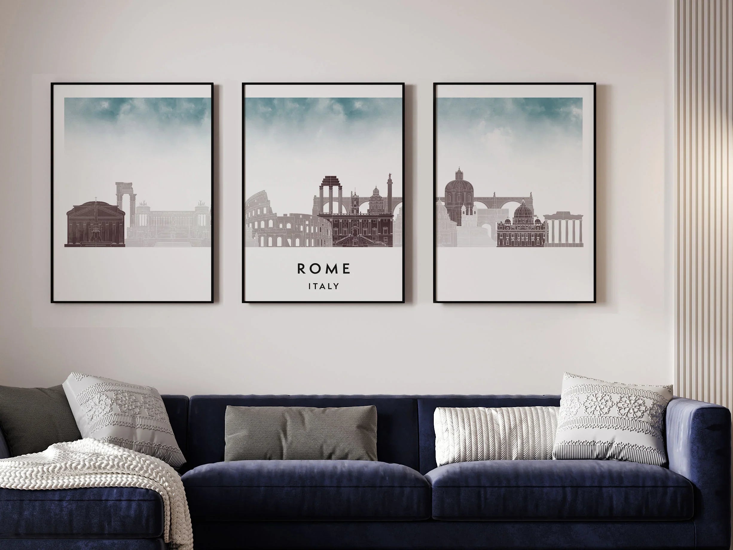 Rome Silhouette Triptych in Watercolor Style, Rome Skyline Poster, Rome Set of 3 Posters, Watercolor style