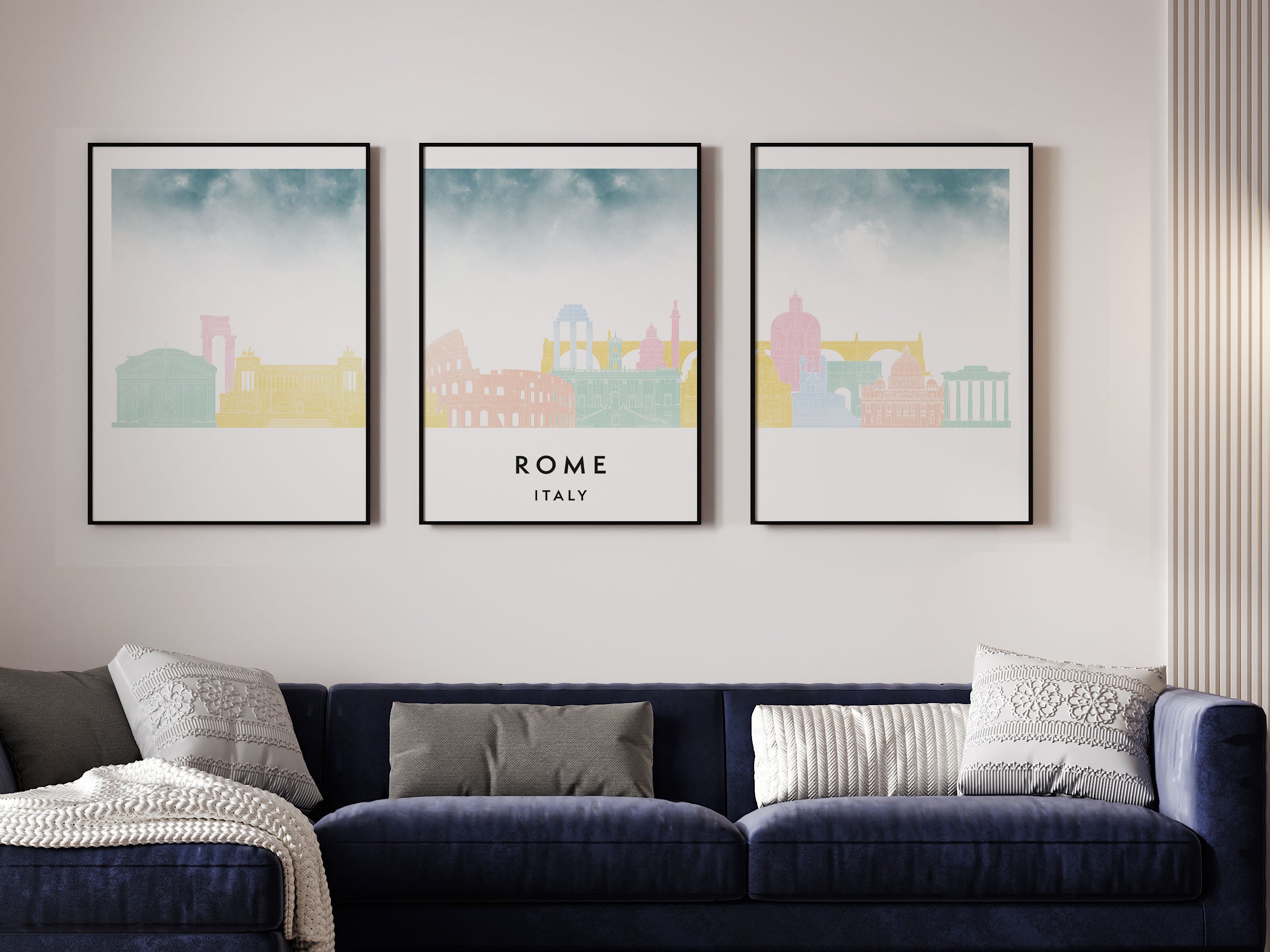 Rome Silhouette Triptych in Watercolor Style, Rome Skyline Poster, Rome Set of 3 Posters, Watercolor style