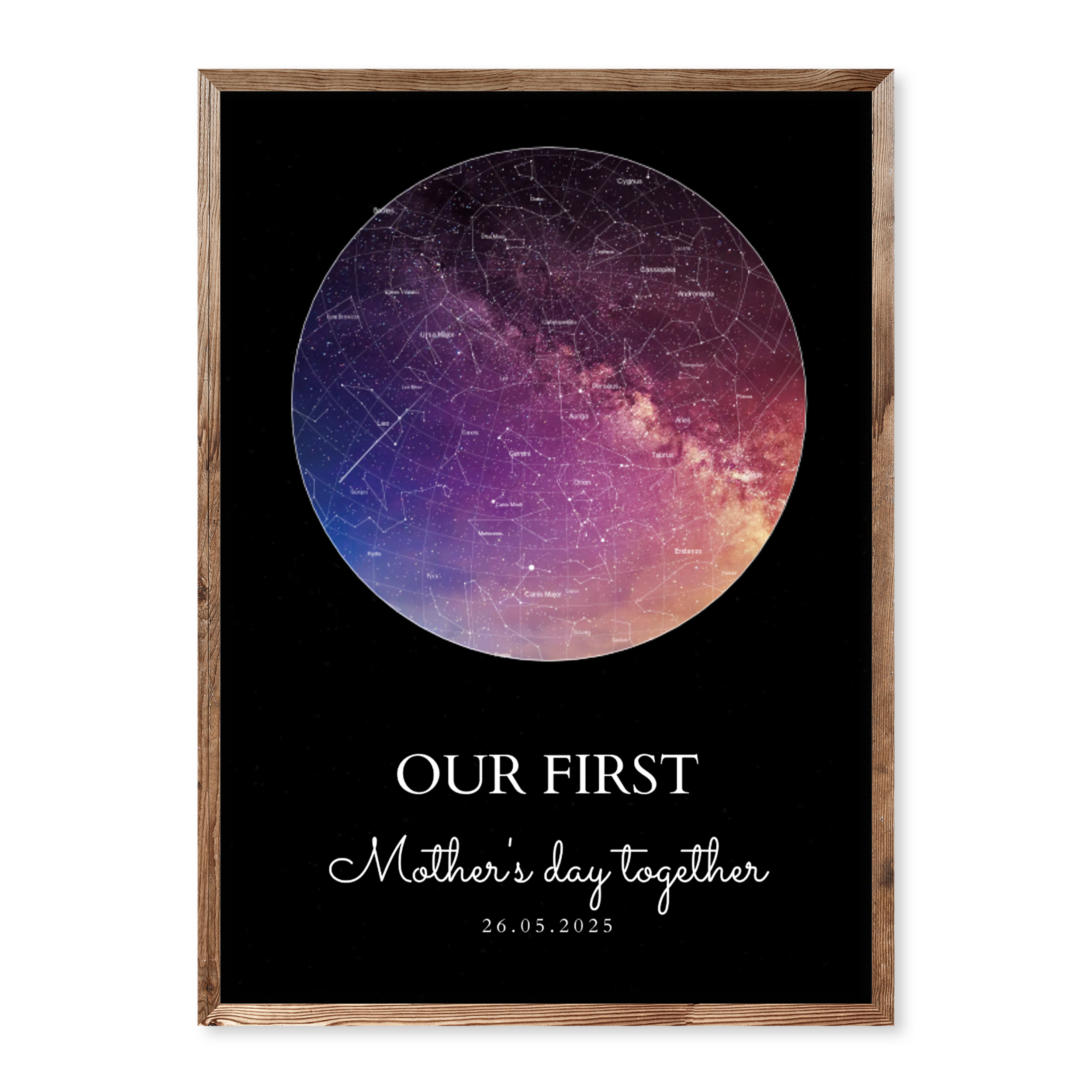 Custom star map print in galaxy colours with black background, personalised for Mother’s Day gift – perfect first Mother’s Day keepsake