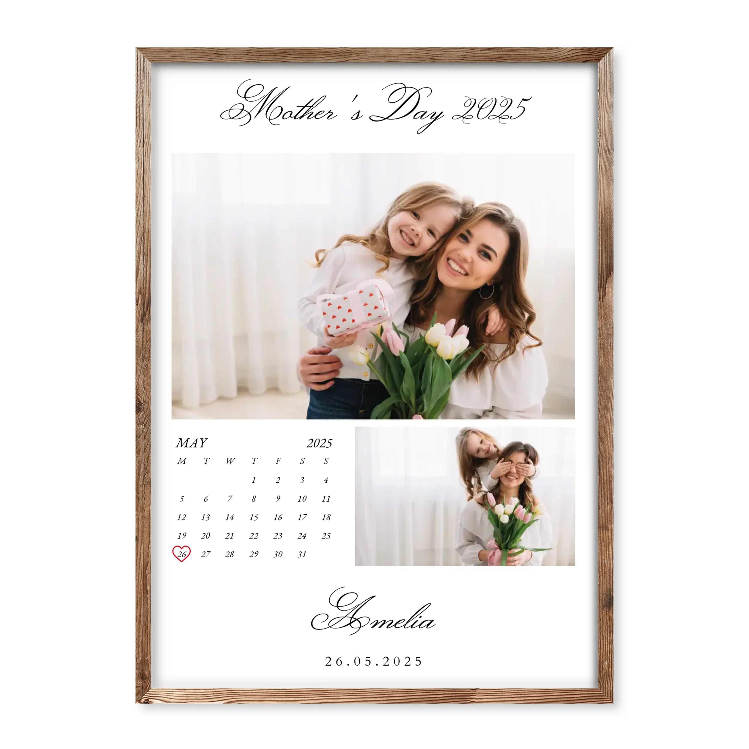 Custom Mother's Day photo calendar poster with floral gift and loving moments between mother and daughter – personalised keepsake print