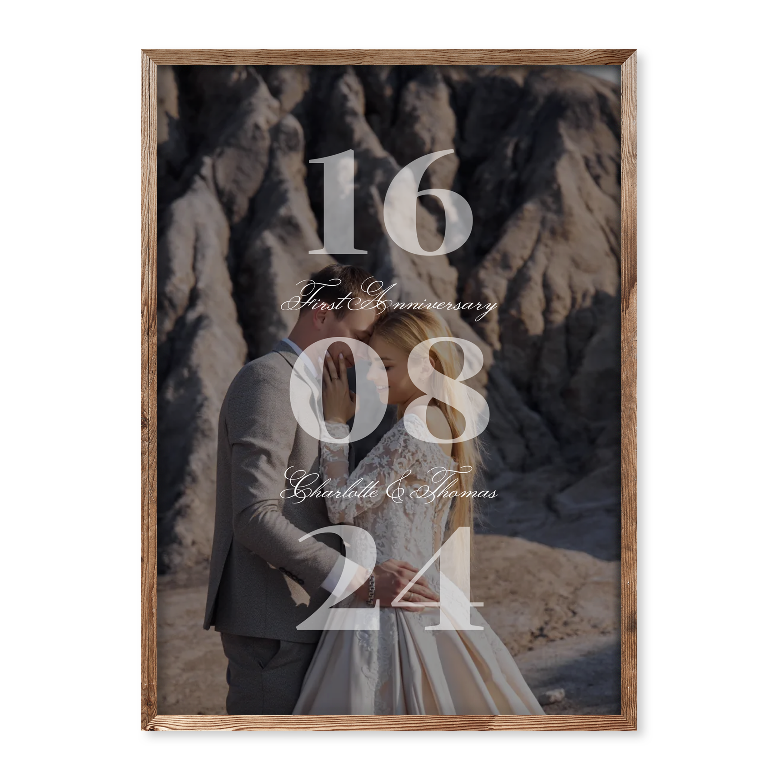 Personalised wedding poster with vertical date 16 08 24 over couple’s photo, featuring names Charlotte & Thomas and caption “First Anniversary”