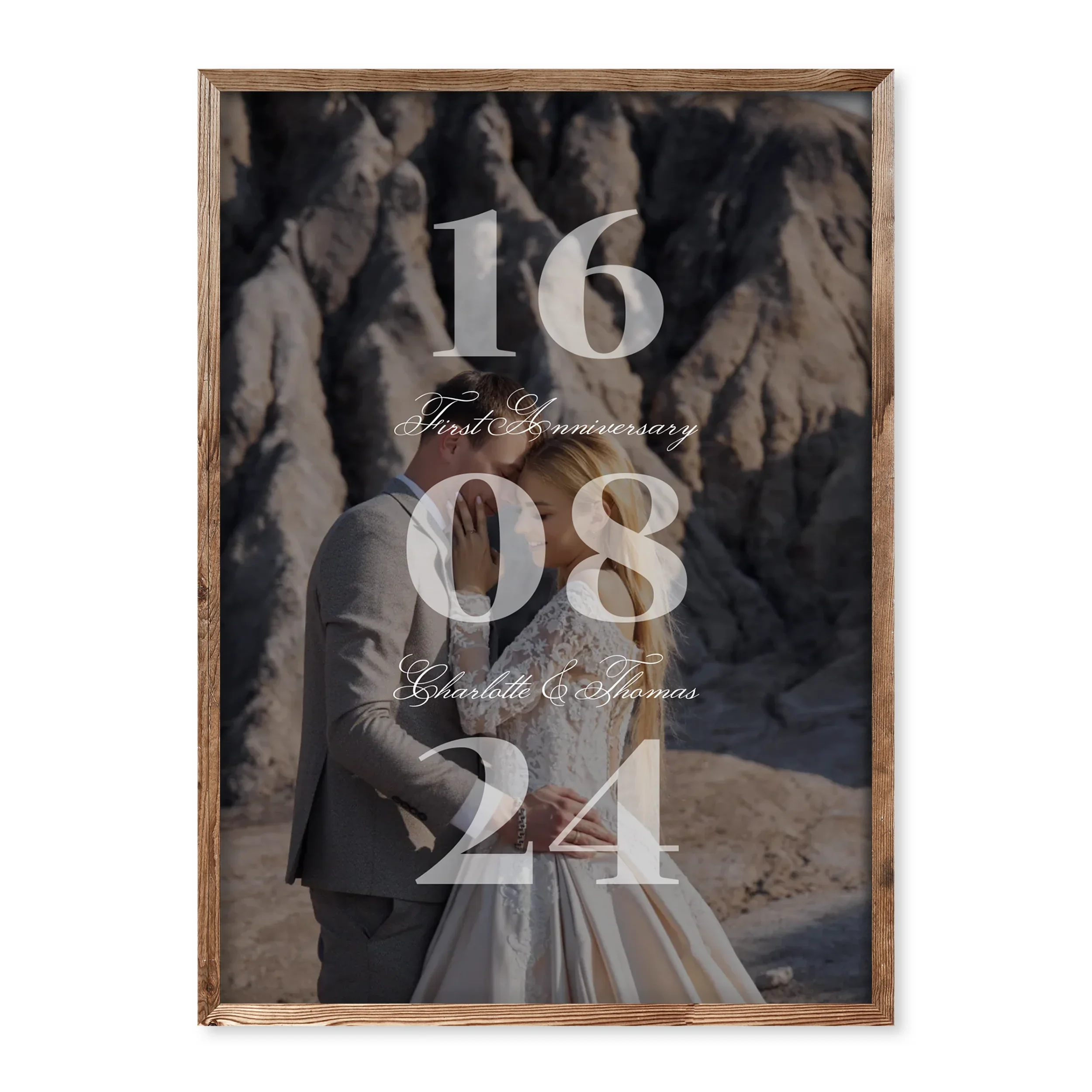 Personalised wedding poster with vertical date 16 08 24 over couple’s photo, featuring names Charlotte & Thomas and caption “First Anniversary”