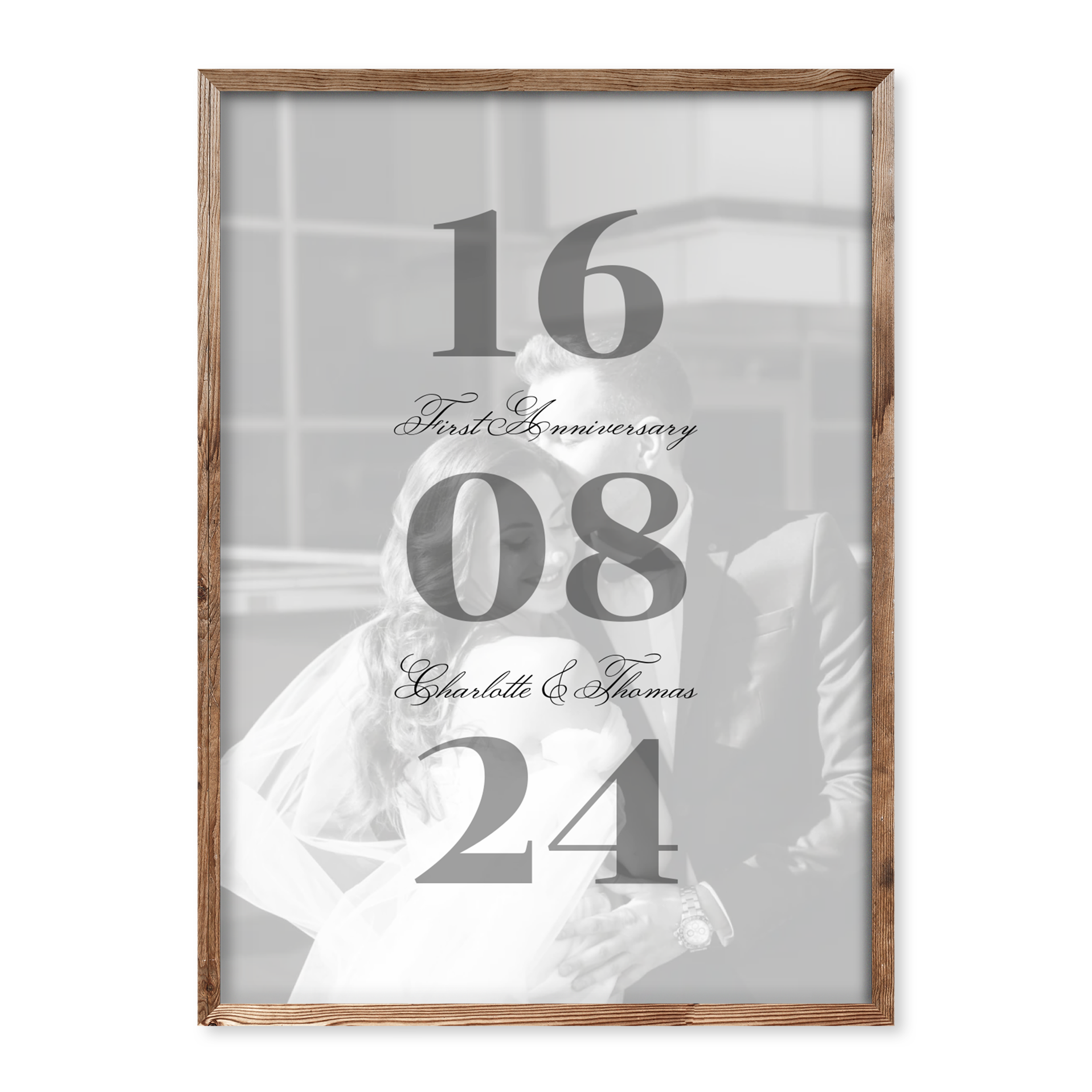 Personalised wedding poster with black-and-white photo, large vertical date 16 08 24, names Charlotte & Thomas, and caption “First Anniversary”