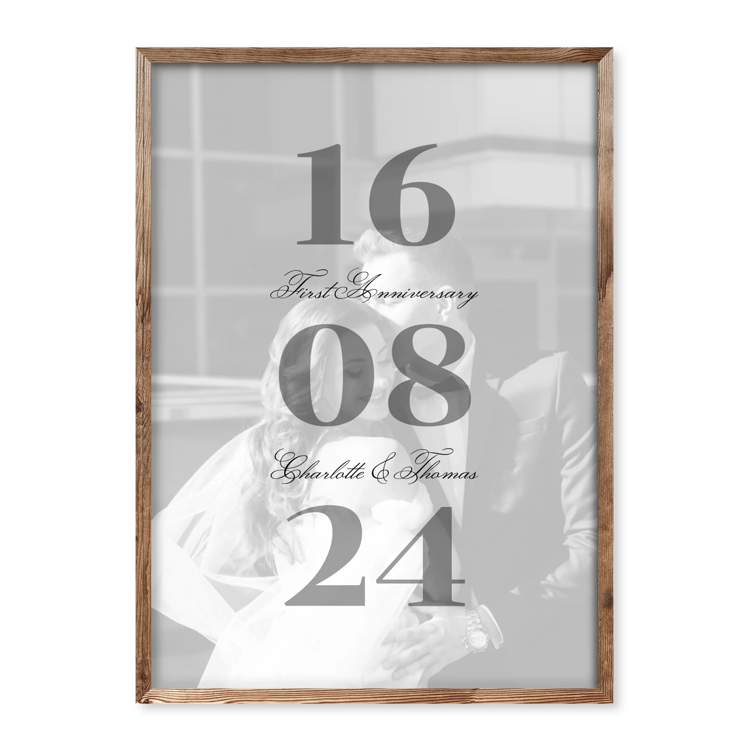 Personalised wedding poster with black-and-white photo, large vertical date 16 08 24, names Charlotte & Thomas, and caption “First Anniversary”