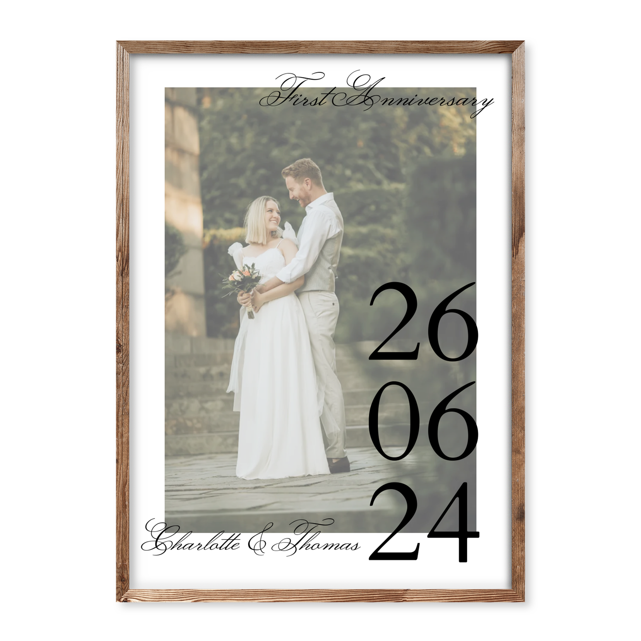 Personalised wedding poster with photo of a couple, large vertical date 26 06 24, “First Anniversary” heading, and names Charlotte & Thomas