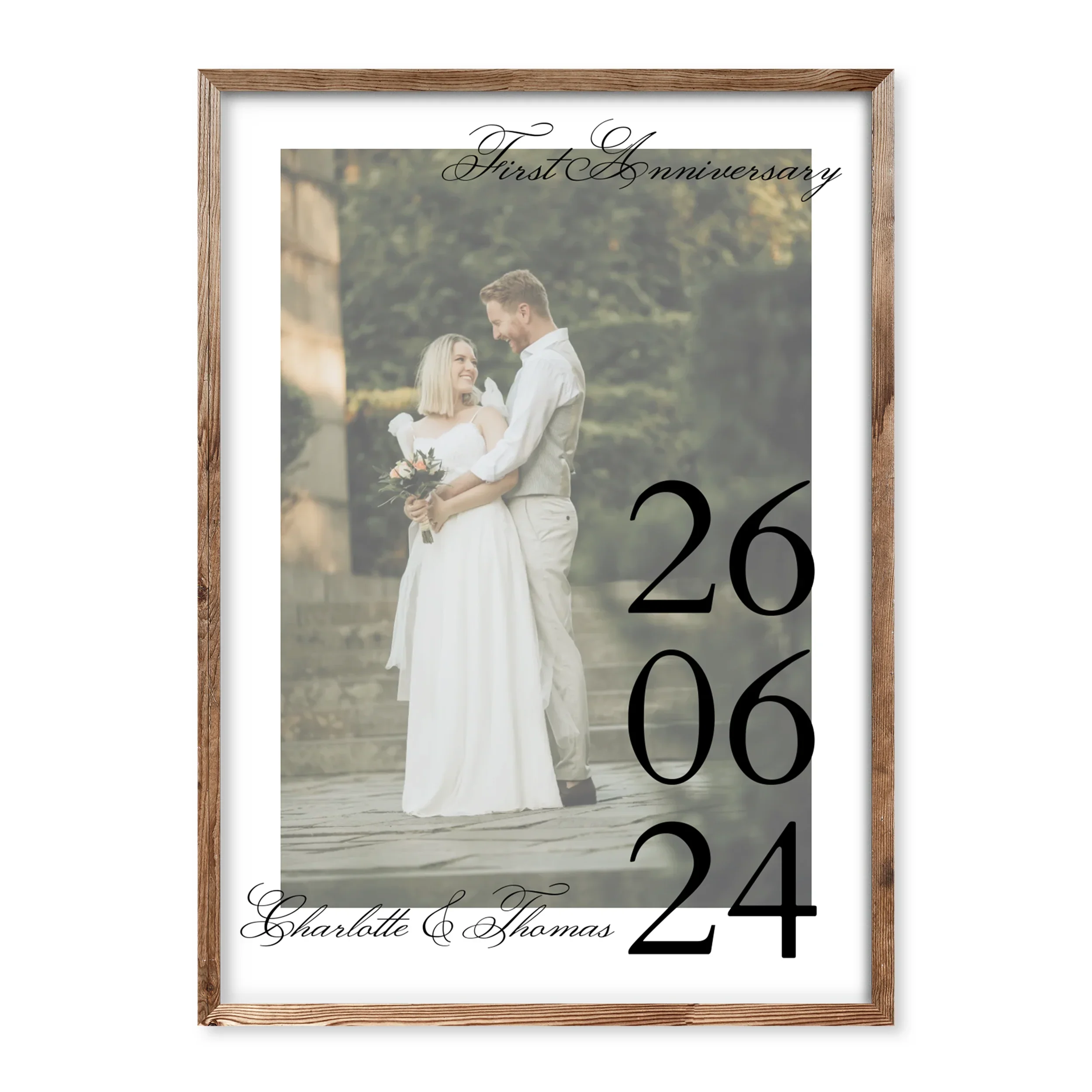 Personalised wedding poster with photo of a couple, large vertical date 26 06 24, “First Anniversary” heading, and names Charlotte & Thomas