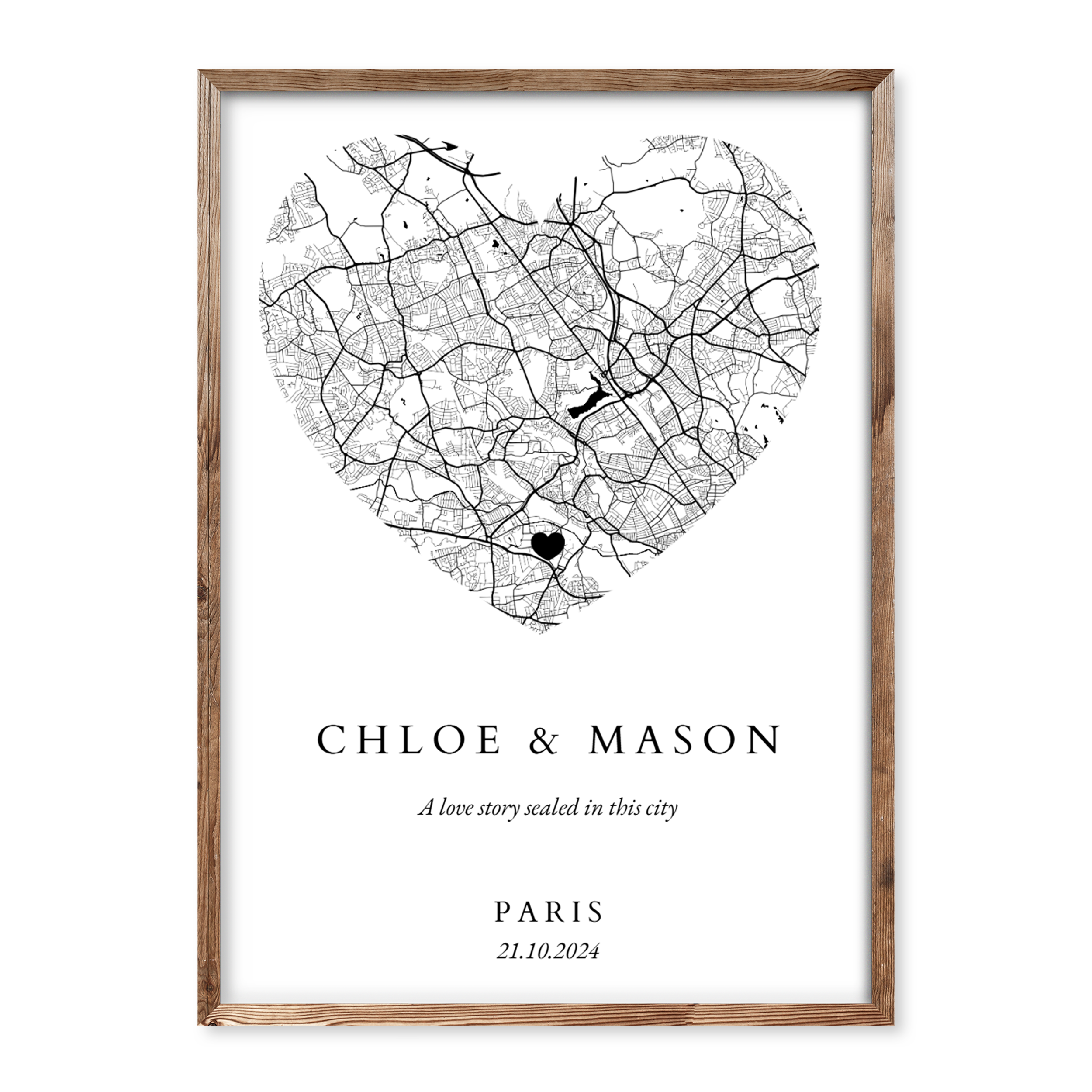 Heart-shaped city map wedding poster with names Chloe & Mason, date 21.10.2024, city Paris, and quote “A love story sealed in this city”