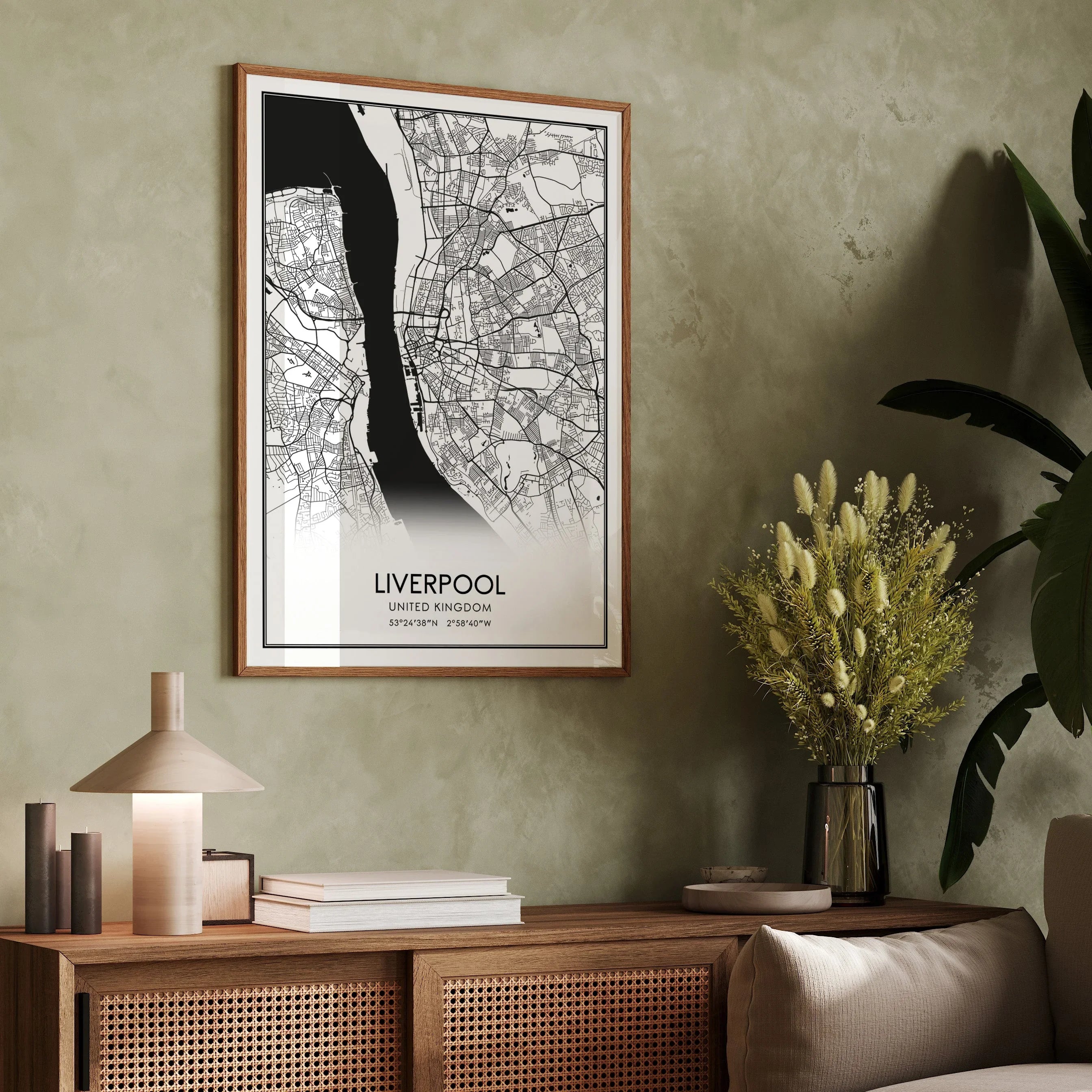 Black-and-white map poster of Liverpool, United Kingdom, showcasing detailed streets and the River Mersey in a minimalist design.