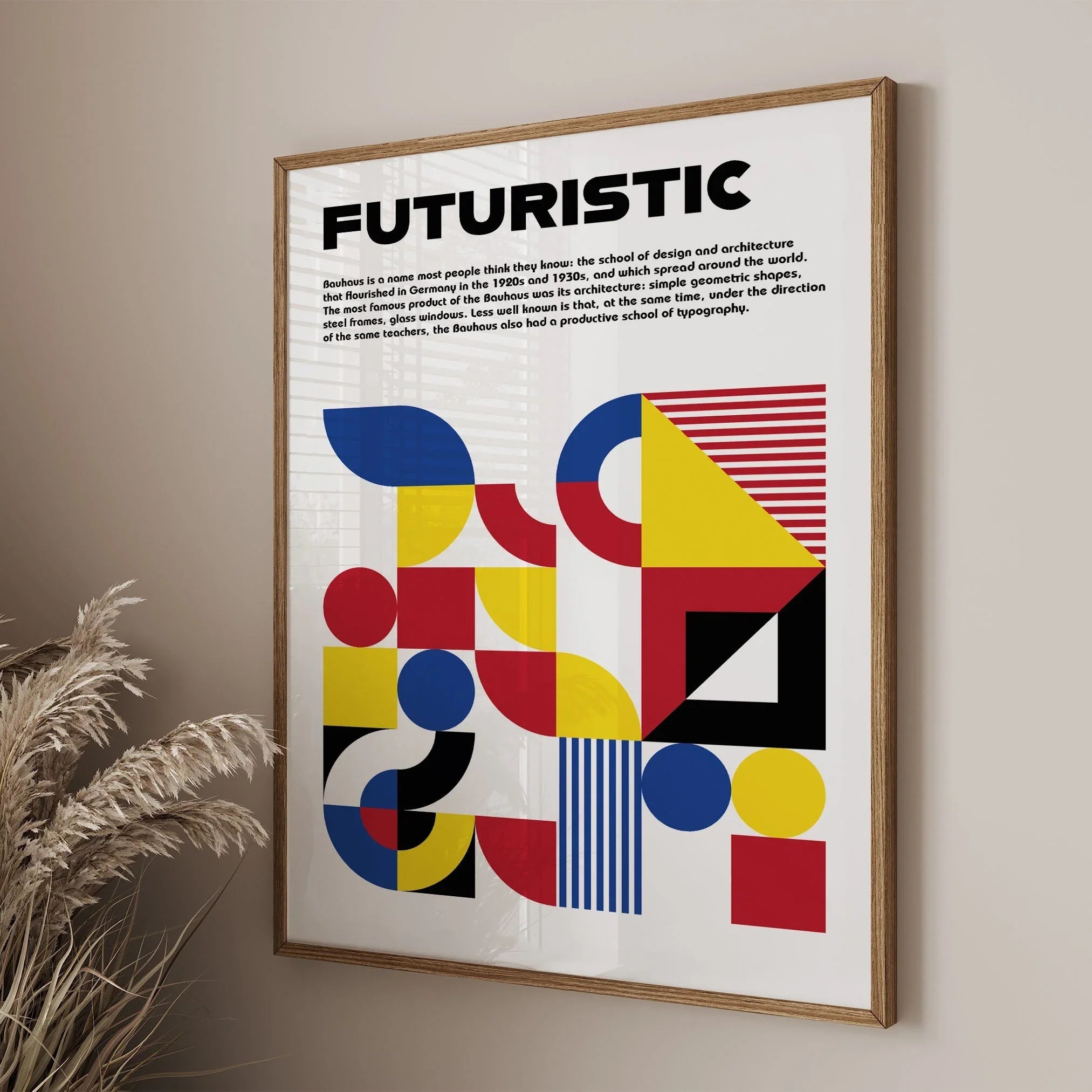 Futuristic Bauhaus-inspired poster featuring bold geometric shapes in primary colors, with a minimalist text design explaining the Bauhaus movement