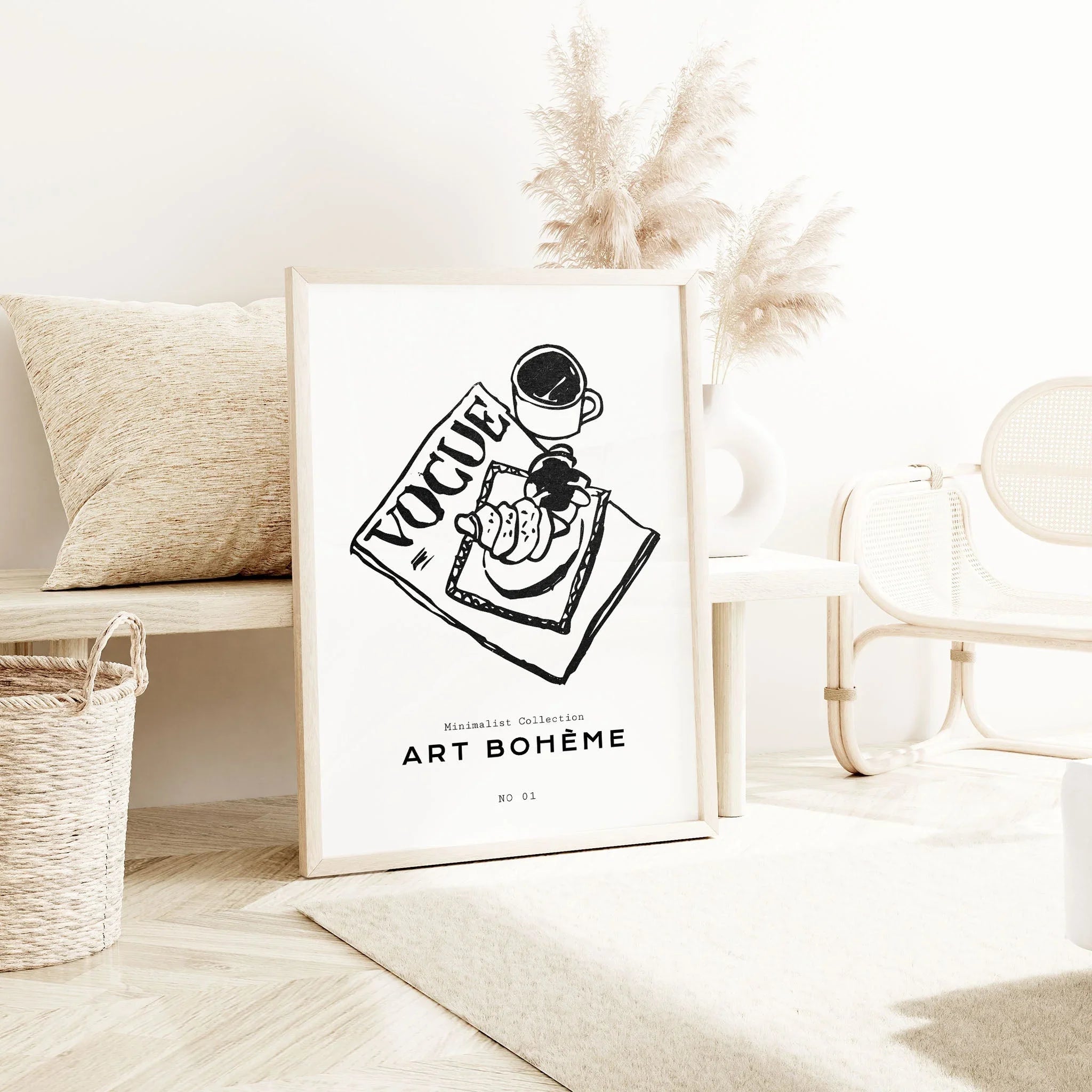 Minimalist black-and-white poster from the 'Art Bohème' collection featuring a sketch of a magazine, croissant, and coffee cup in an elegant design