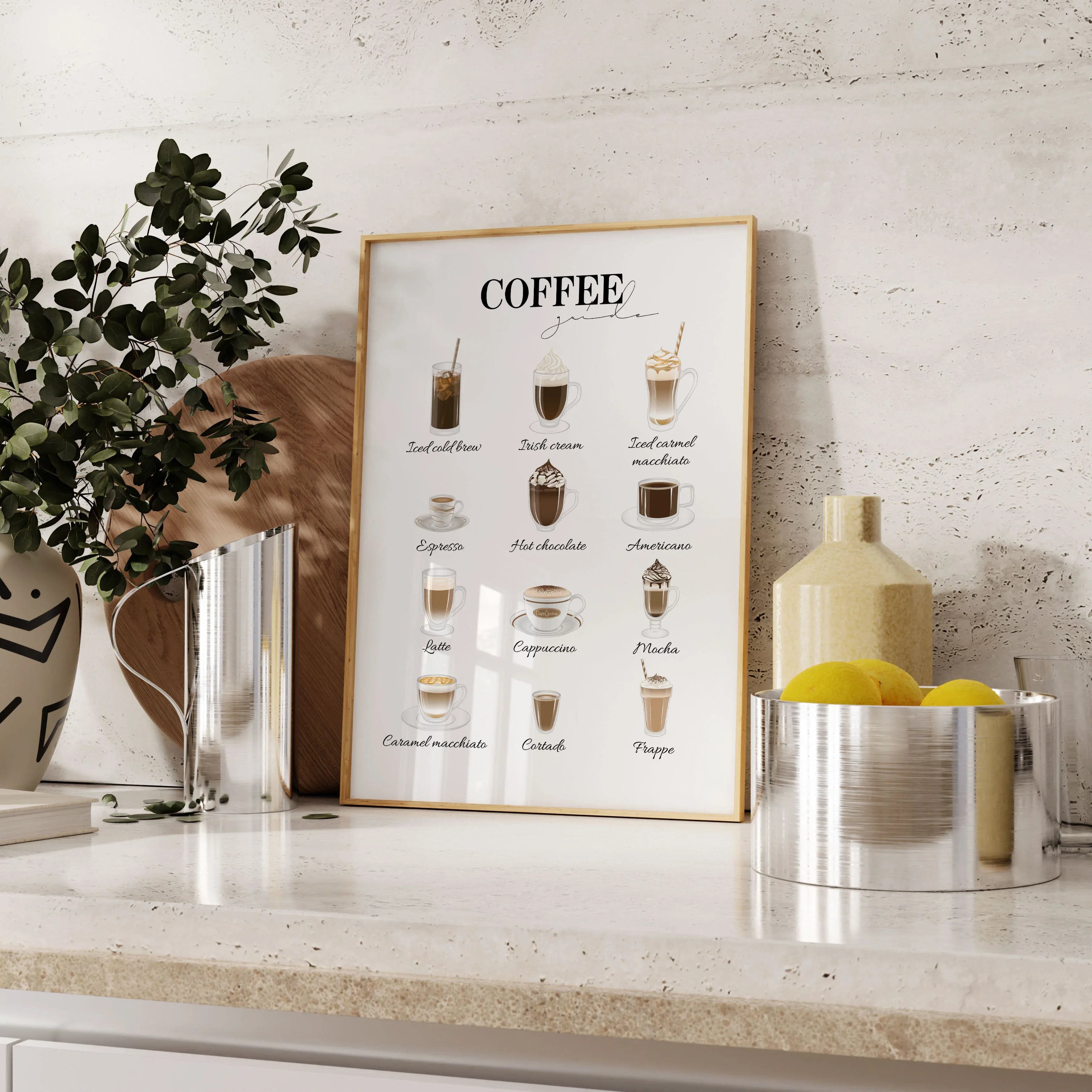Coffee guide poster featuring illustrations of various coffee types such as espresso, cappuccino, latte, and mocha, designed in a minimalist style