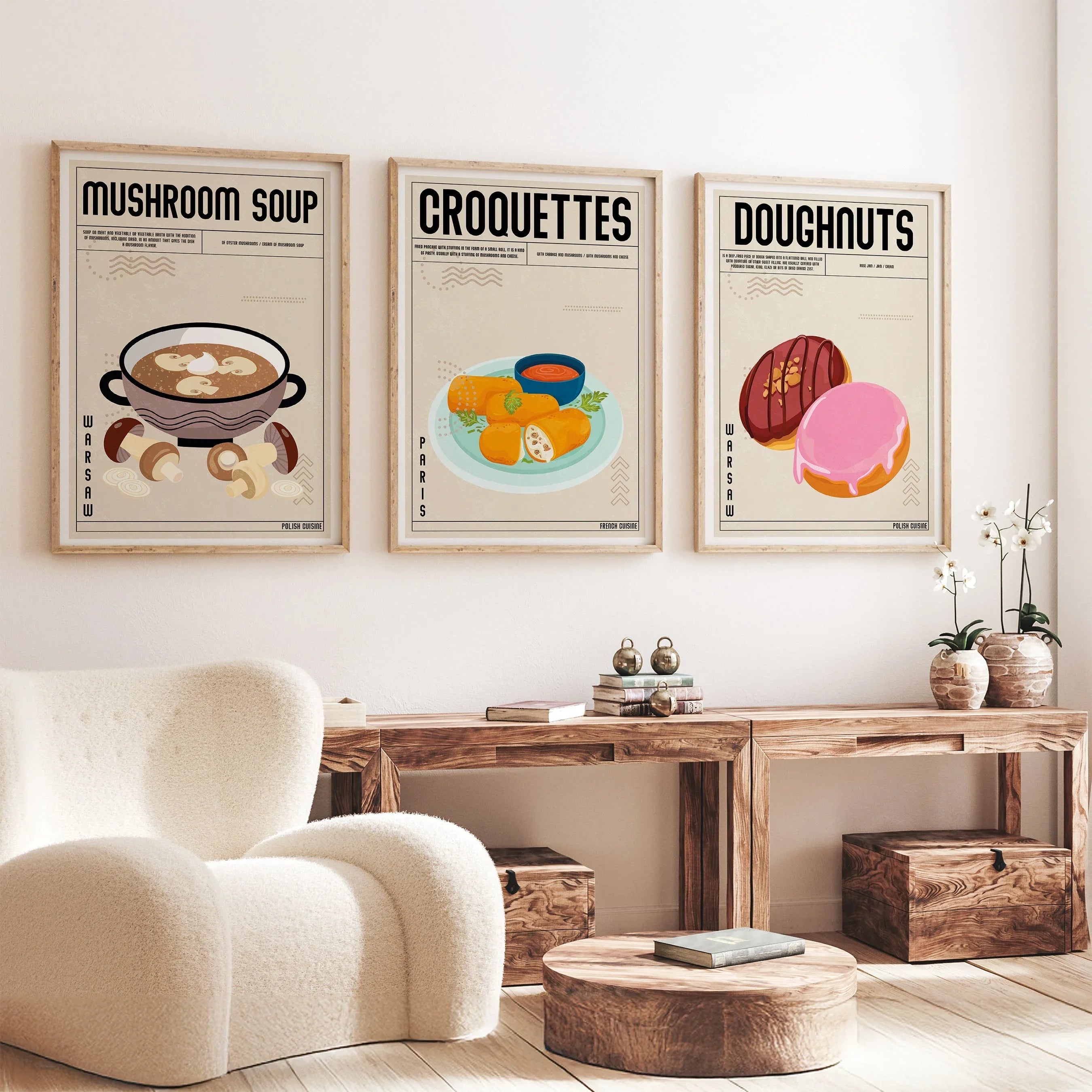 Set of three food-themed posters featuring illustrated dishes: Mushroom Soup, Croquettes, and Doughnuts, each with a vintage-inspired design and labeled locations like Warsaw and Paris.