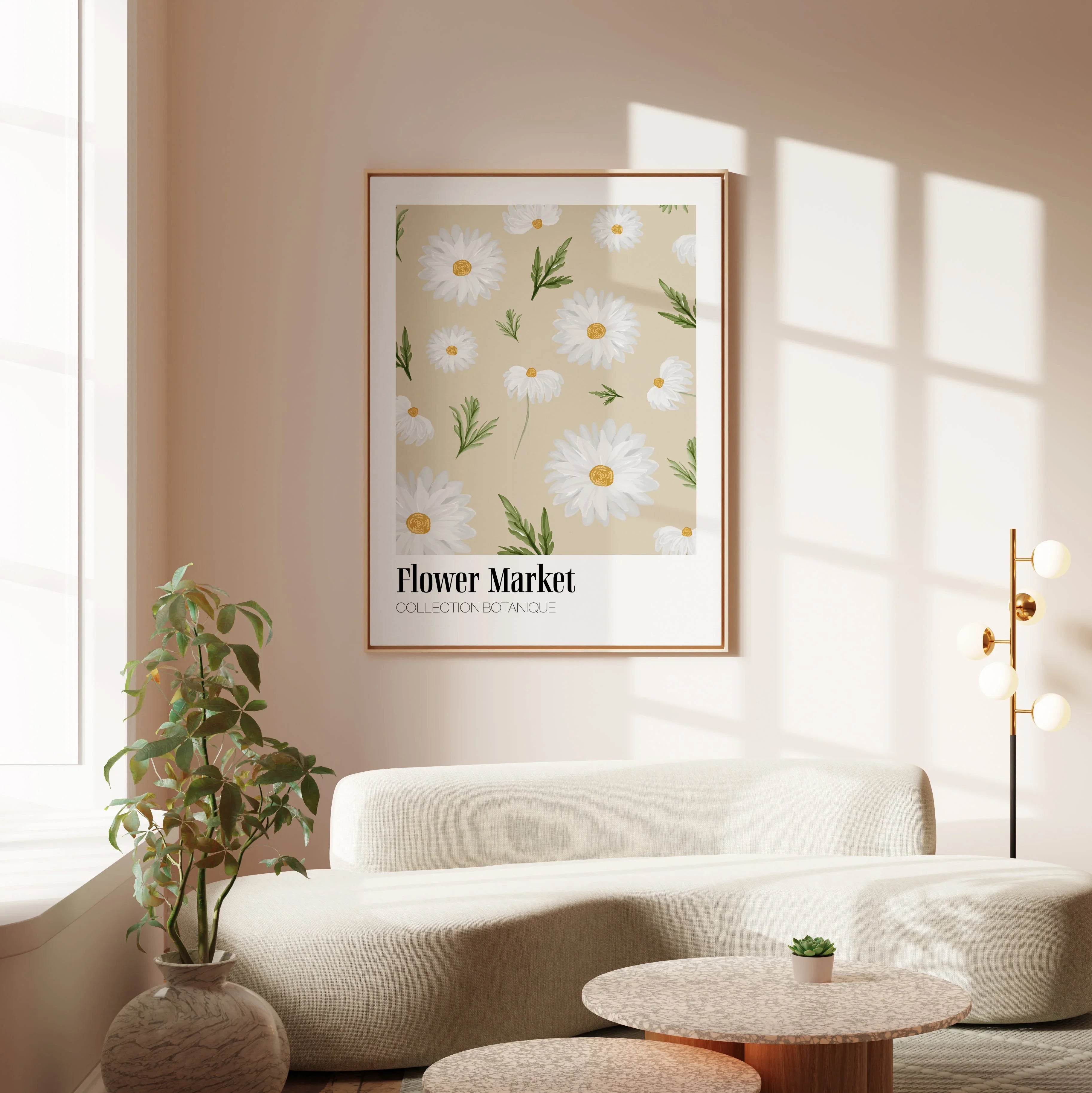 Botanical poster titled 'Flower Market' from the Collection Botanique, featuring delicate white daisies and green leaves on a soft beige background.
