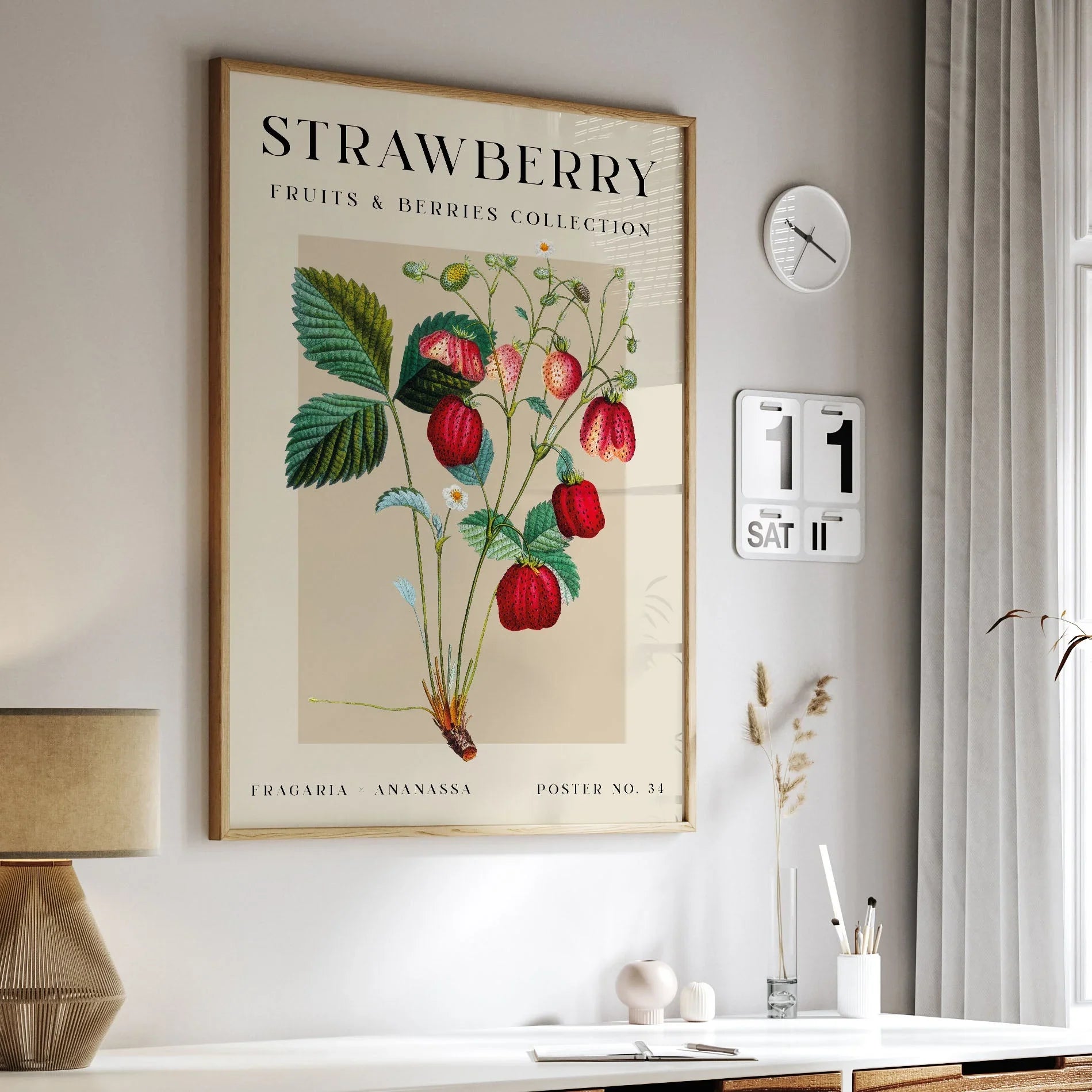 Botanical strawberry poster from the 'Fruits & Berries Collection,' featuring detailed illustrations of strawberries and leaves, labeled with scientific name Fragaria Ananassa.