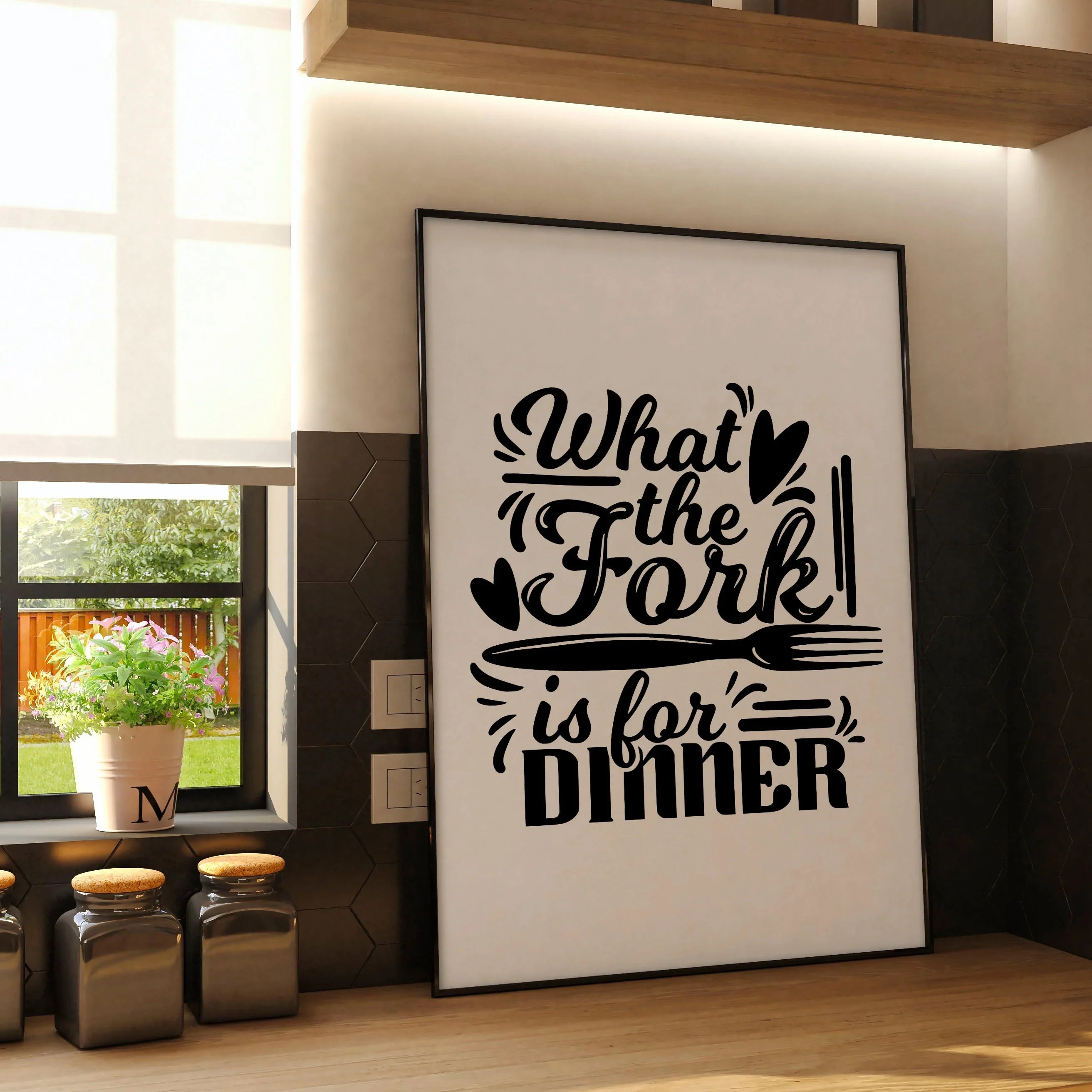 Playful kitchen poster featuring the phrase 'What the Fork is for Dinner' in bold black typography with decorative elements, perfect for a modern or rustic kitchen setting.