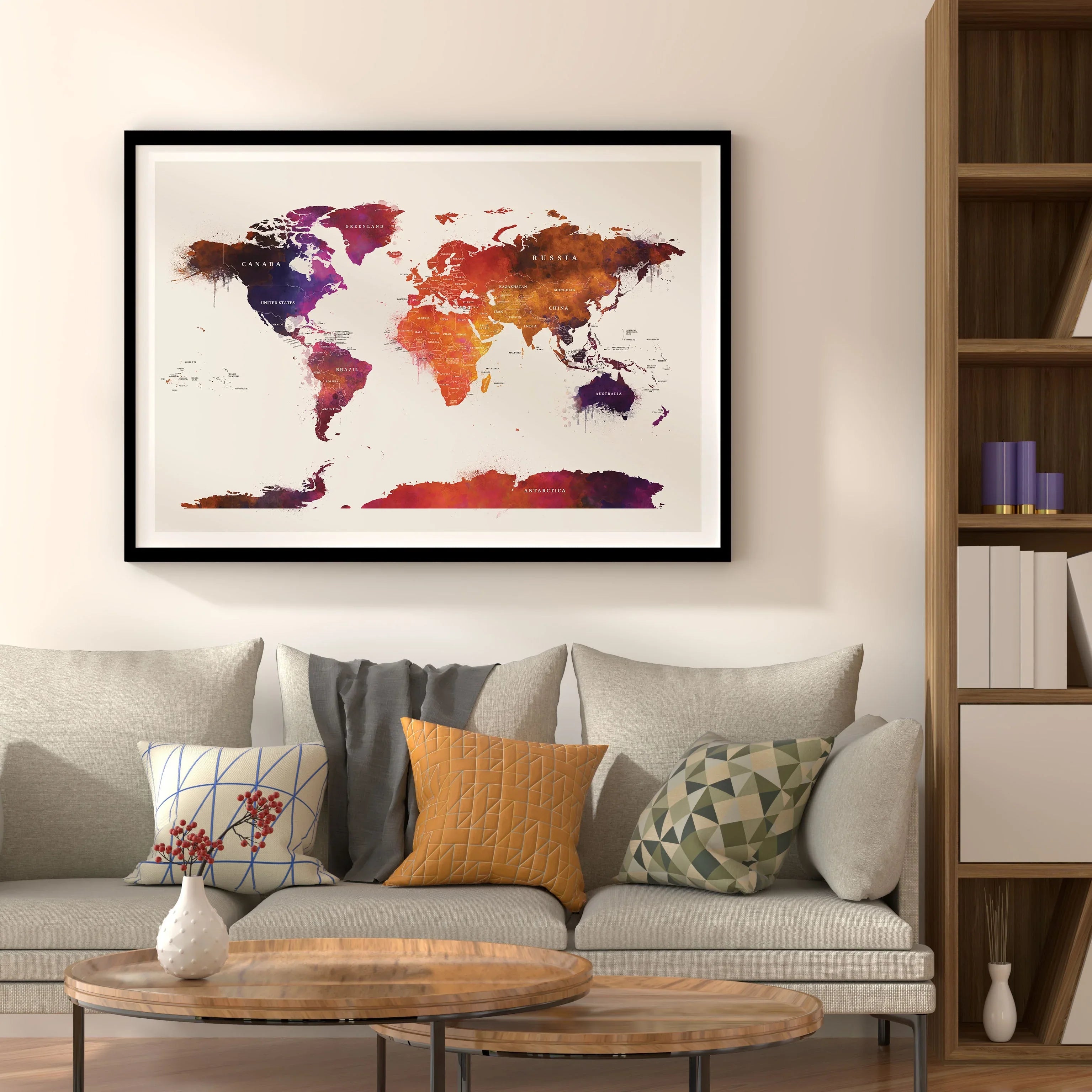 World map poster featuring a watercolor design with vibrant shades of red, orange, and purple, highlighting countries and continents in an artistic style