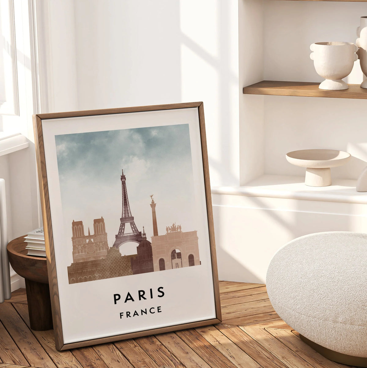 Paris skyline poster featuring iconic landmarks like the Eiffel Tower, Notre-Dame, and Arc de Triomphe in a minimalist watercolor design.