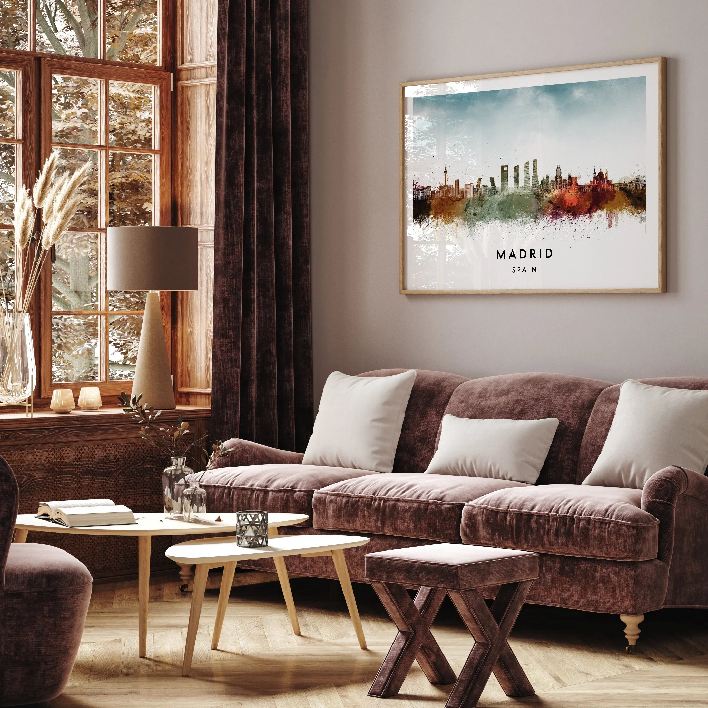 Watercolor-style skyline poster of Madrid, Spain, featuring iconic buildings and landmarks with vibrant colors and a minimalist design