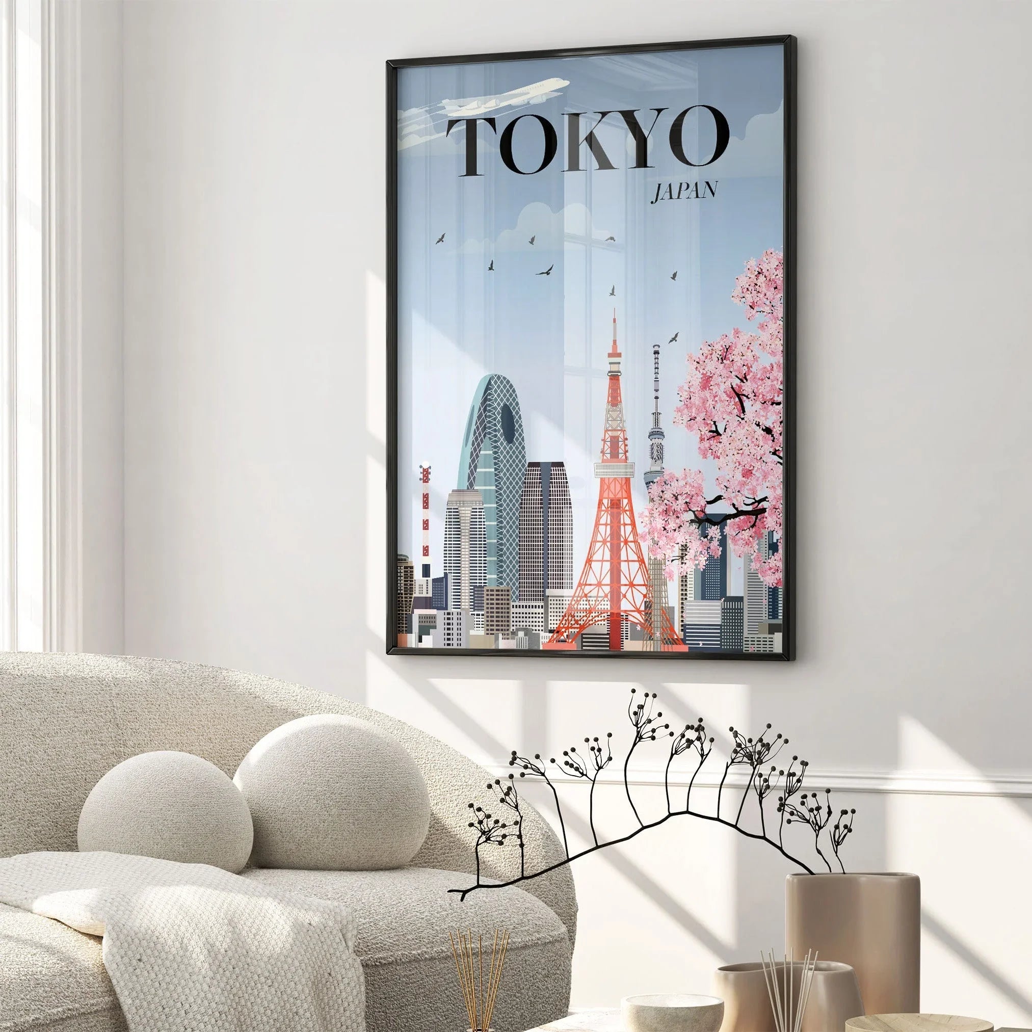 Tokyo skyline poster featuring iconic landmarks like the Tokyo Tower and Skytree, cherry blossoms, and a modern cityscape in a vibrant, colorful design