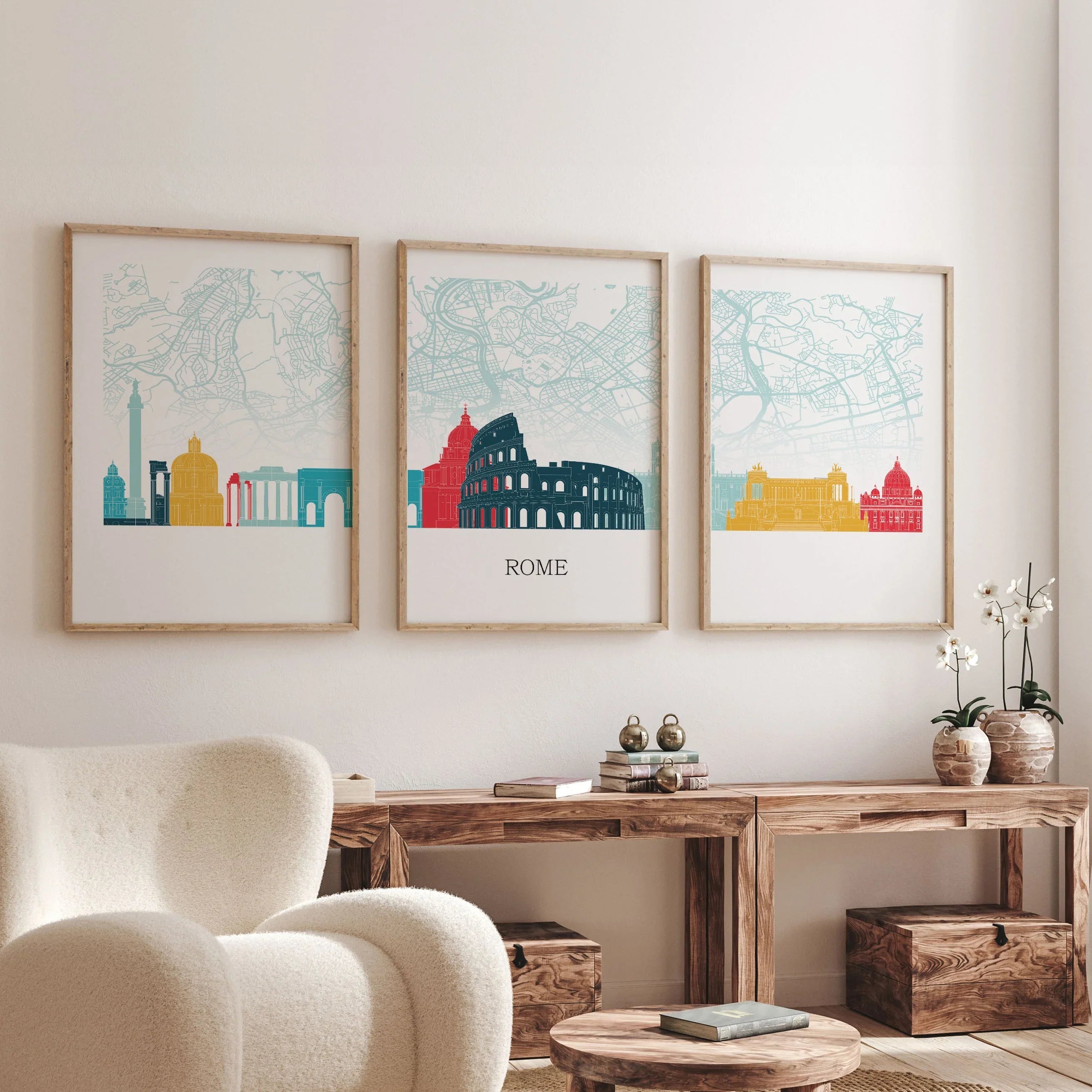 Triptych of Rome skyline posters featuring colorful iconic landmarks such as the Colosseum and historic architecture, overlaid on a light map background