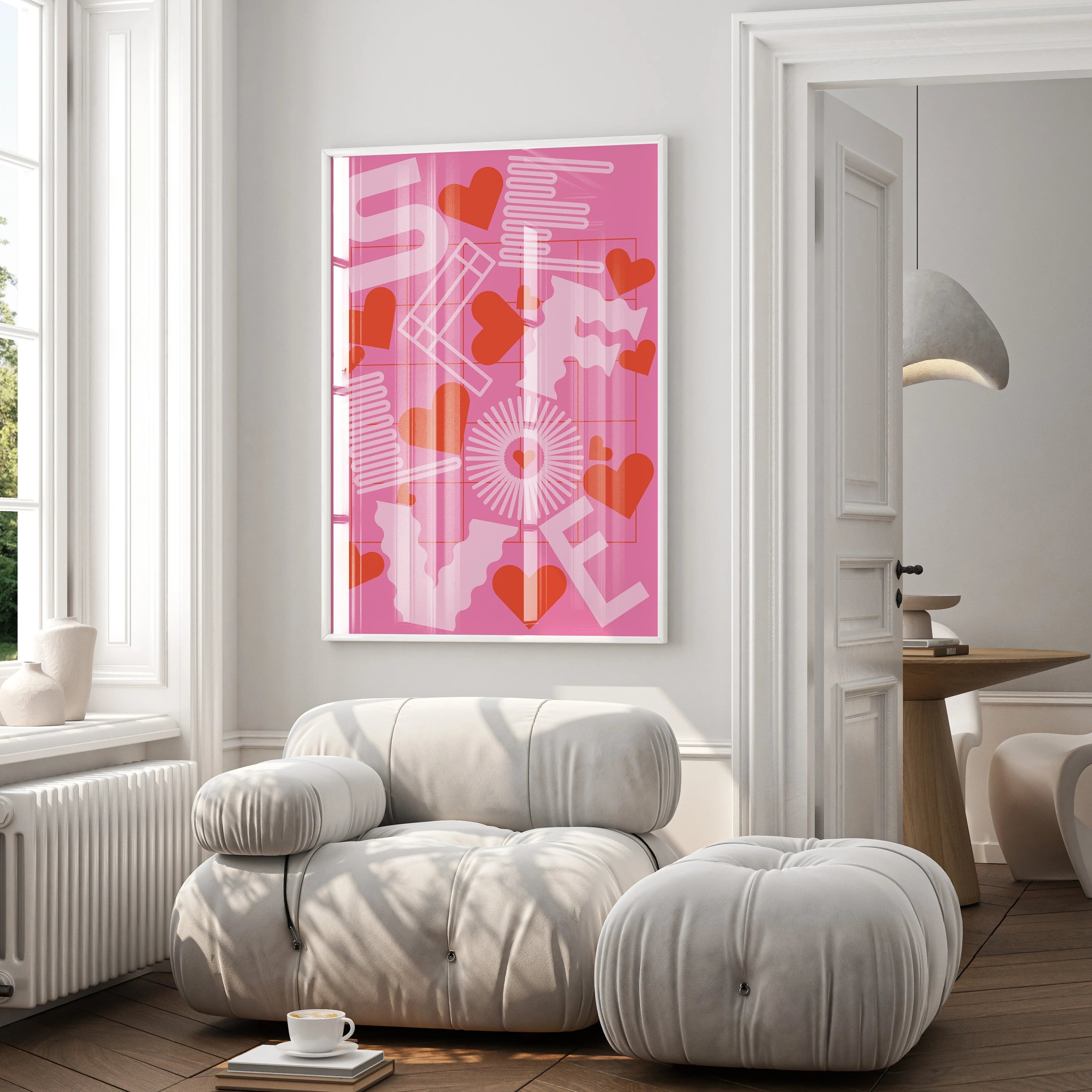 Typography poster with a vibrant pink background, red hearts, and the phrase 'Self Love' in bold, modern design.