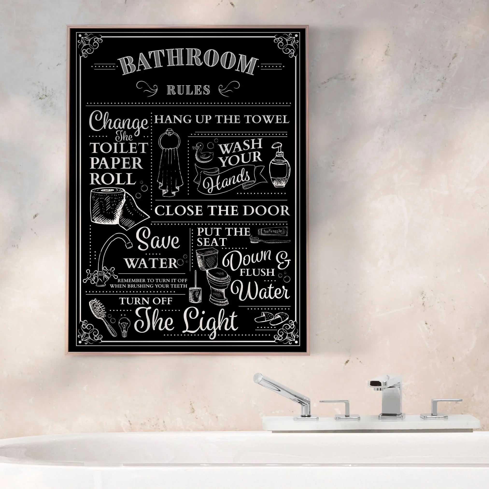 Black and white typography poster featuring 'Bathroom Rules' with playful reminders like 'Hang up the towel' and 'Wash your hands,' designed in a vintage chalkboard style