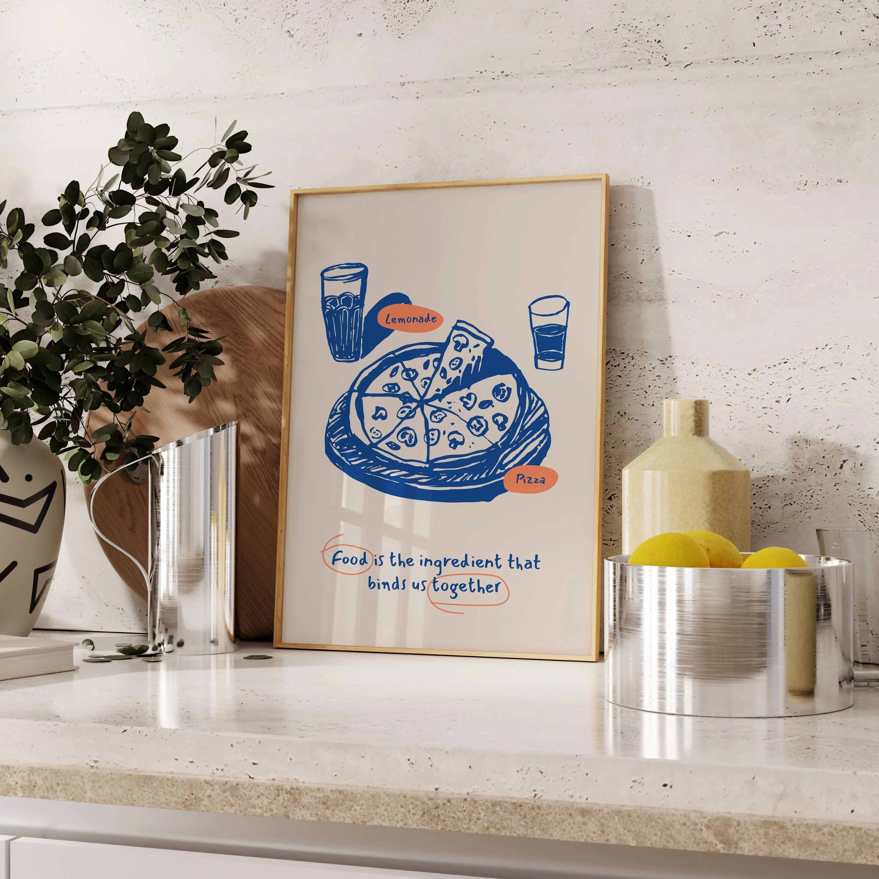 Playful food-themed poster featuring a blue sketch of a pizza, lemonade, and the phrase 'Food is the ingredient that binds us together' in a minimalist design