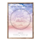 Personalised baby birth star map poster with pastel sky background, child’s name Amelia, birth date and coordinates, and the phrase “Under this sky, a star was born”