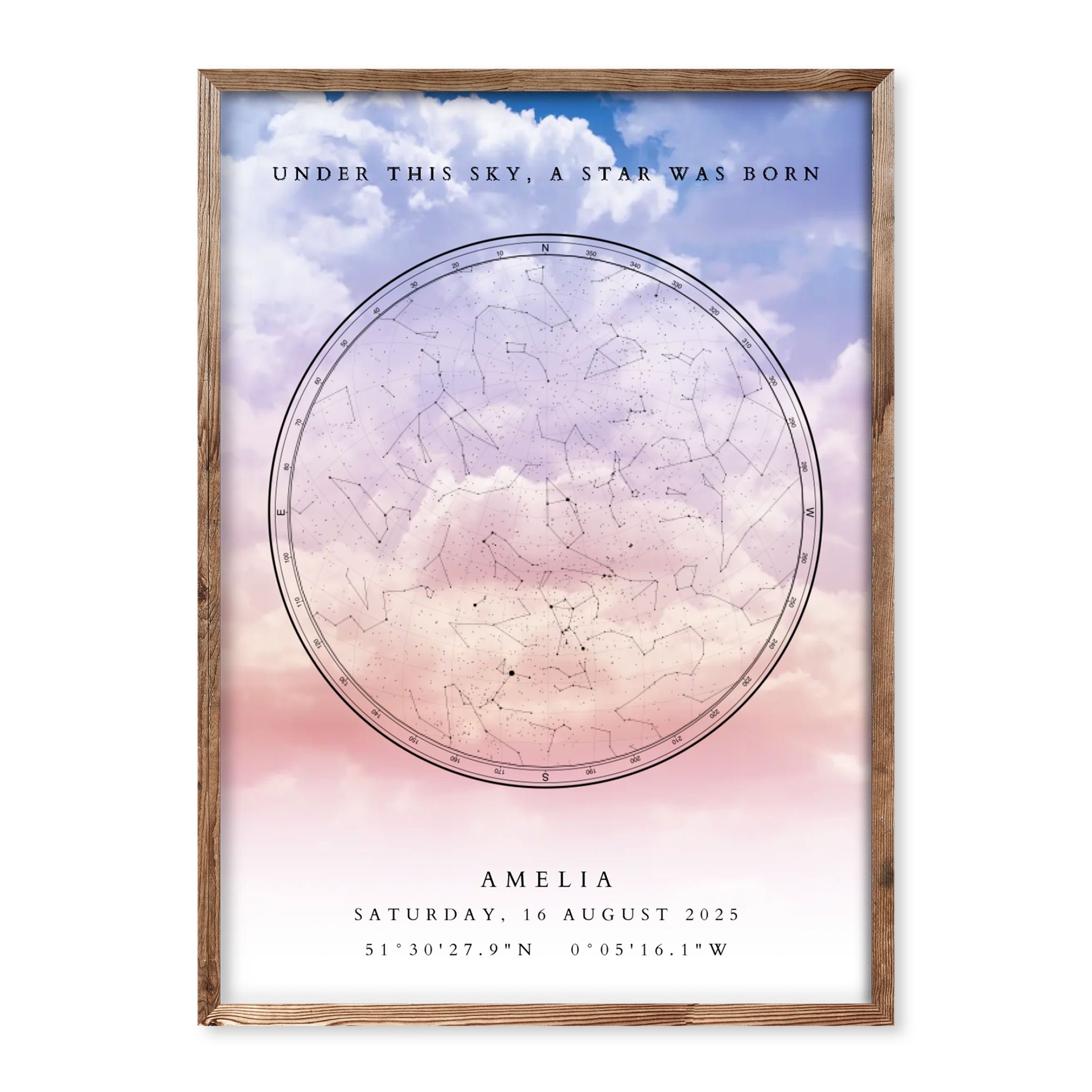 Personalised baby birth star map poster with pastel sky background, child’s name Amelia, birth date and coordinates, and the phrase “Under this sky, a star was born”