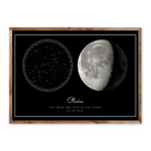 Custom birthday poster with black background, moon phase, star map, personalised with name Olivia and date 05.09.2022