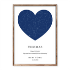 Heart-shaped personalised star map birthday poster with name Thomas, location New York, date 21.10.2024 and a birthday message