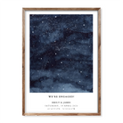 Personalised star map poster showing night sky for an engagement, with names Emily & James, date and coordinates, captioned “We're engaged!”