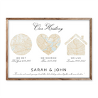 Three-part personalised map print showing where a couple met, married and live – elegant “Our History” keepsake gift with names and dates