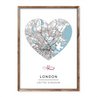 Heart-shaped personalised map poster in minimalist design with blue water areas and black line map details, labelled “London, United Kingdom”.