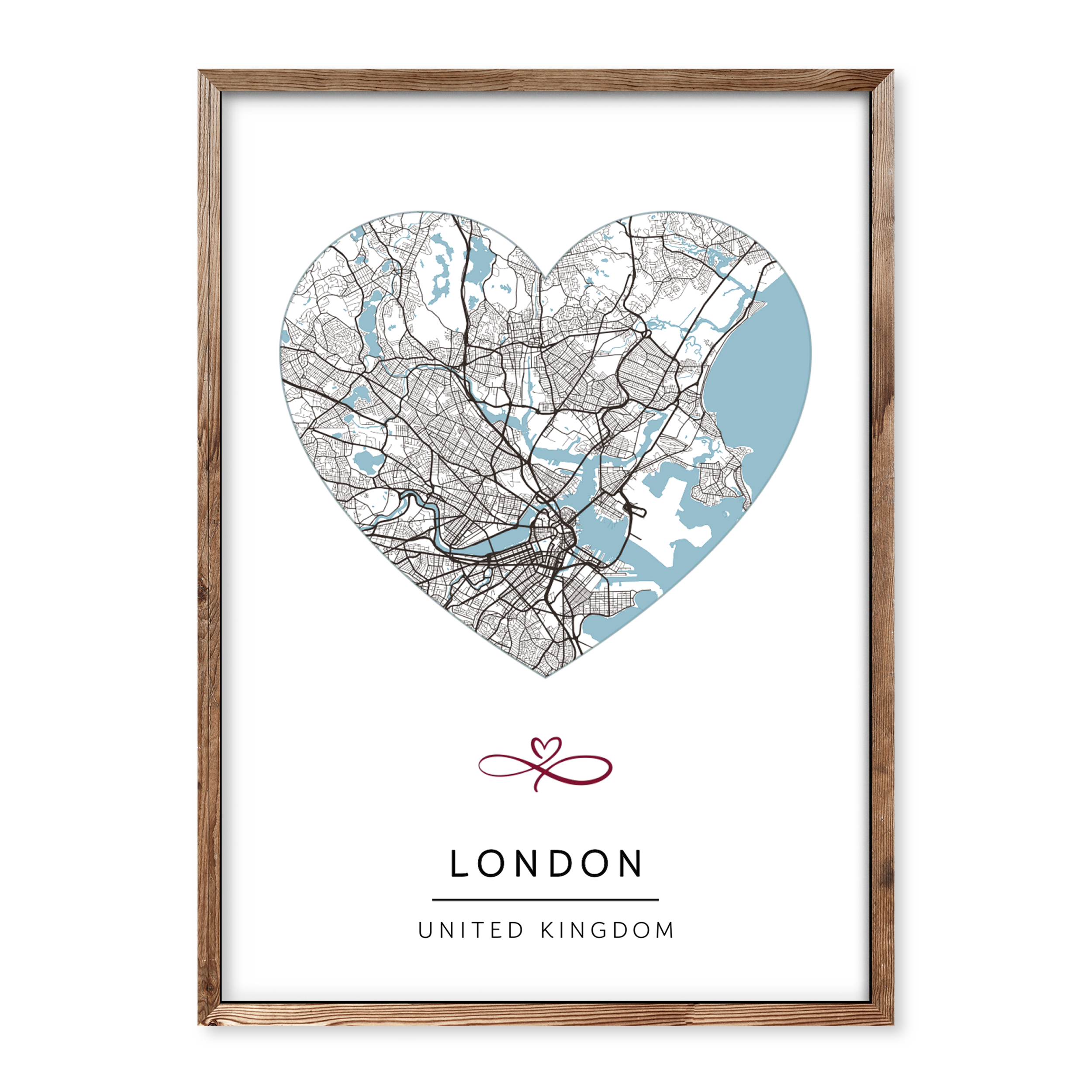 Heart-shaped personalised map poster in minimalist design with blue water areas and black line map details, labelled “London, United Kingdom”.