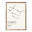 Minimalist zodiac constellation print with personal name and date on a soft cream background
