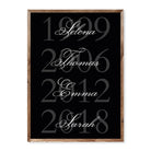 Black personalised poster with large birth years in grey and elegant white names overlaid.