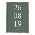 Minimalist poster with a large white date on a deep green background, personalised with names and a special date at the bottom.