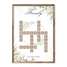 Personalised family poster in Scrabble tile style with beige tiles and green botanical design, featuring names like Thomas, Olivia, David, and a heartwarming quote “Love makes a family.”