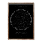 Personalised black star map poster with coordinates and constellation chart – custom names and date included