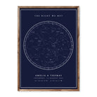 Navy blue custom star map print showing the night sky with coordinates, names and date – personalised wall art for couples