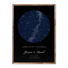 Custom star map poster with night sky constellations, personalised names, date, and location. Elegant dark background with celestial details.