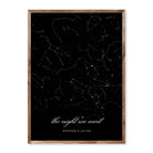 Minimalist black custom star map showing constellations with names and custom message “the night we meet” in white script font.